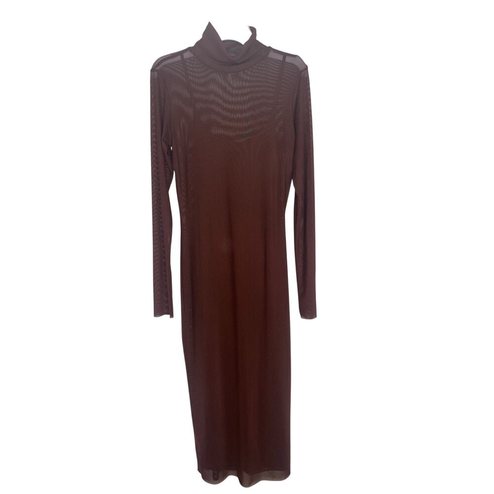 Fore Brown Mesh Sheer Long Sleeve Mock Neck 2 Piece Dress M Layered